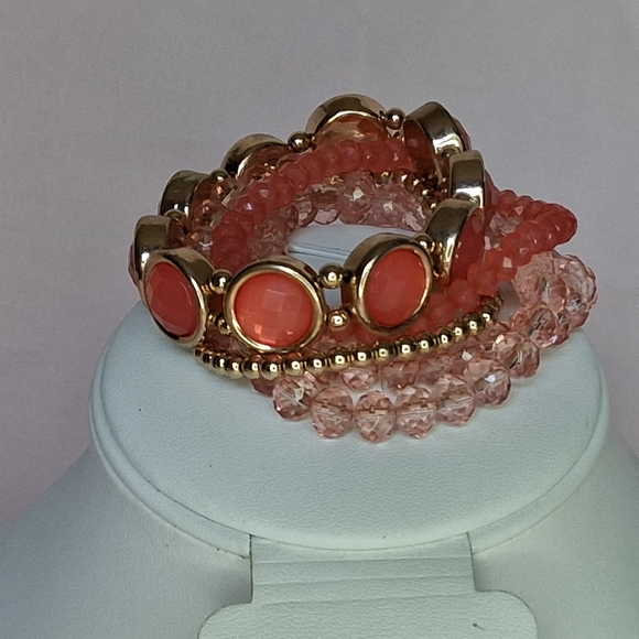 Charming Charile Coral Pink Gold Tone Faceted Beaded Stacked Bracelet Set - Picture 1 of 6